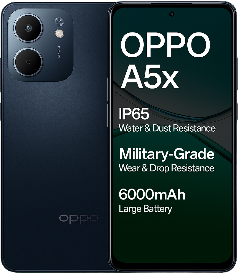 Oppo A5x smartphone with 6.56-inch HD+display, Media tek helio Processor, android 14, 50MP Dual Rear Camera, 8MP selfie Camera, 5000mAh battery, and 4G Connectivity.