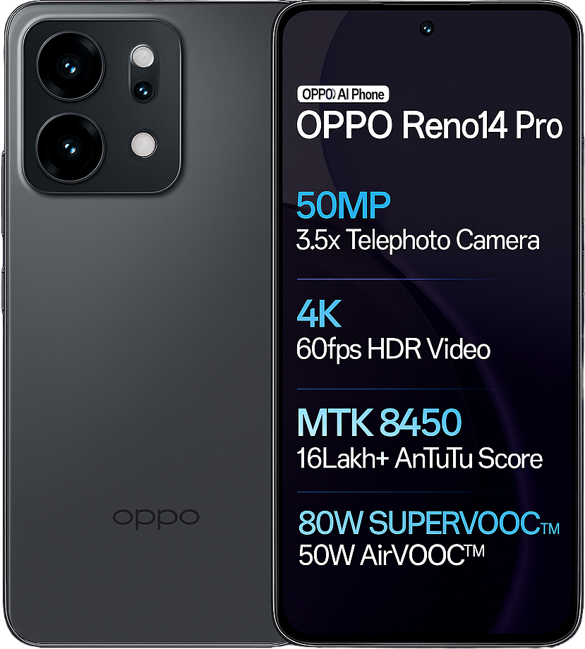 Oppo Reno 14 Pro smartphone with 6.7-inch AMOLED display Snapdragon 7s Gen 3 processor Android 14 50MP triple rear cameras 32MP selfie camera 5000mAh battery fast charging and 5G connectivity.