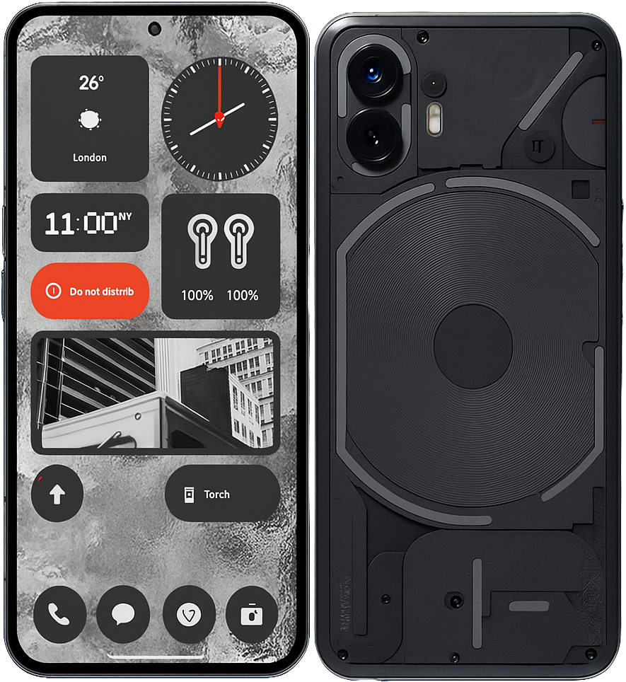 Nothing Phone 2 smartphone with 6.7-inch AMOLED 120Hz dispiay, Snapdragon 8+ Gen 1 Processor, Android 14, dual 50mp cameras, and transparent Glyph Interface design.