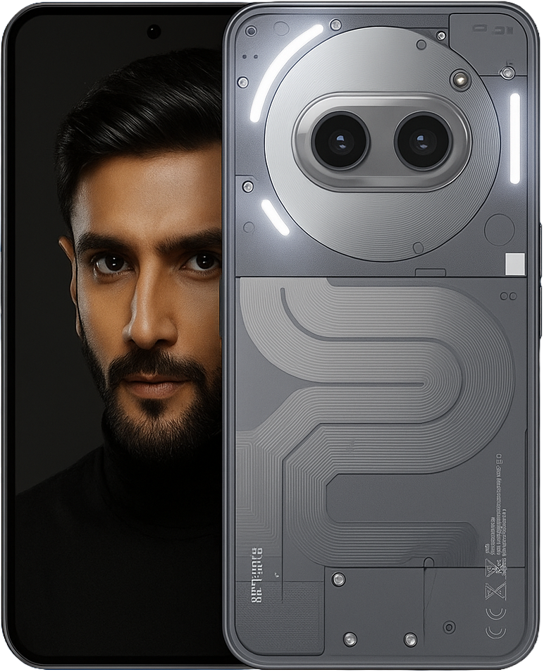 Nothing Phone 2A Plus smartphone with 6.7-inch Amoled 120Hz Display, Mediatek Dimensity processor 14, Dual-Camera syste and transparent design with Glyph Interface.