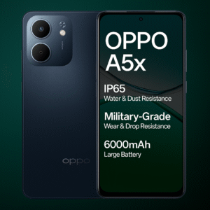 Oppo A5x smartphone with 6.56-inch HD+display, Media tek helio Processor, android 14, 50MP Dual Rear Camera, 8MP selfie Camera, 5000mAh battery, and 4G Connectivity.