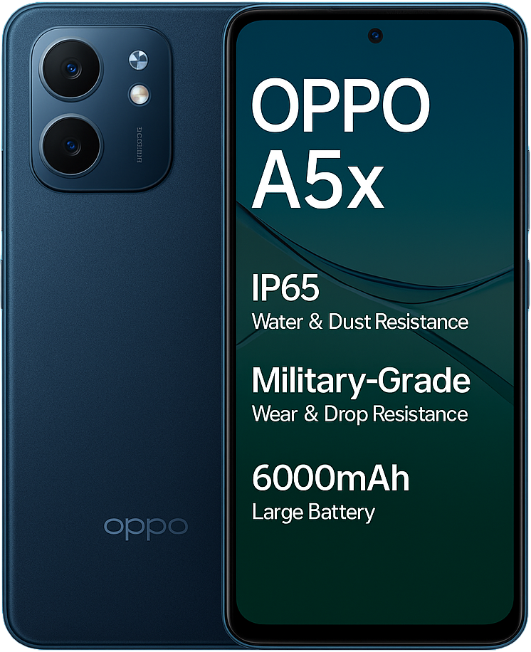 Oppo A5x 4G smartphone featuring 6.5-inch HD+ display Snapdragon processor Android 11 OS 13MP dual rear camera 8MP front camera 5000mAh battery and smooth 4G LTE connectivity.