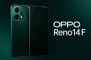 Oppo Reno 14F smartphone with 6.7-inch Amoled display, Media tek dimensity Processor, Android 14, 64MP triple Camera, 8GB RAM, 5000mAh Battery, 67W Fast Charging, And 5G Connectivity.