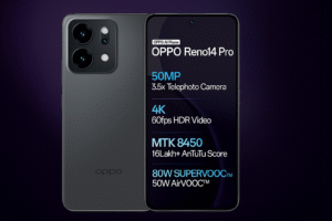 Oppo Reno14 Pro smartphone with 6.7-inch AMOLED display Snapdragon 7s Gen 3 processor Android 14 50MP triple rear cameras 32MP selfie camera 5000mAh battery fast charging and 5G connectivity.