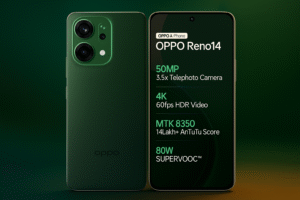 Oppo Reno14 smartphone Featuring 6.7-inch Amoled display, Media Tek Dimensity 7300 Processor, android 14, 50MP Dual Rear Camera, 32 MP Selfie Camera, 5000mAh Battery, Fast Charging and 5G Support.