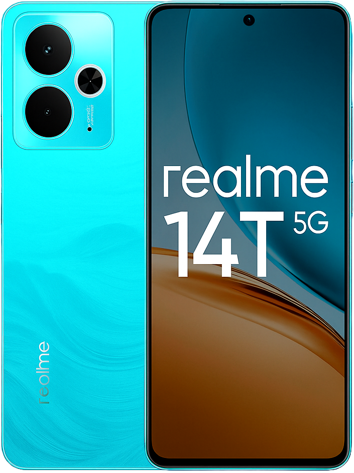 Realme 14T Smartphone featuring 6.7-inch Amoled display, Media tek dimensity 7050 Processor, android 14, 64MP Triple Rear Camera, 16MP selfie Camera, 5000mAh Battery, 67W Fast Charging, and 5G connectivity.
