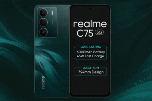Realme C75 smartphone with 6.7-inch FHD+display, snapdragon 680 Processor, android 14, 50MP AI Dual Rear Camera, 16MP selfie Camera, 5000mAh battery, 33W Fast Charging, and 4G Connectivity.