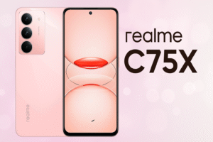 Realme C75x smartphone with 6.6- inch HD+ display Android 14 Media Tek processor 50MP dual rear camera 8MP selfie camera 5000mAh battery 18W fast charging and 4G/5G connectivity options.