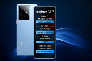 Realme GT 7 smartphone featuring 6.78- inch AMOLED display Snapdragon 8 Gen 3 processor Android 14 50MP OIS triple rear 32MP front camera 5500mAh battery 120W fast charging and advanced 5G connectivity.