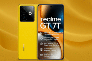 Realme GT 7T 5G smartphone with 6.78-inch AMOLED display Snapdragon 8s Gen 3 processor Android 14 50MP OIS triple camera 32MP selfie lens 5500mAh battery 120W fast charging and ultra- fast 5G connectivity.
