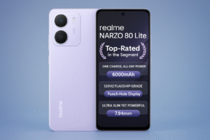 Realme Narzo 80 Lite 5G smartphone with 6.6-inch fhd + display mediya tek dimensity processor android 14 64MP dual rear camera 16MP front lens 5000mAh battery 33w fast charging and seamless 5g connectivity.
