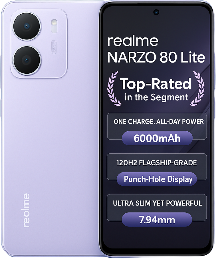 Realme Narzo 80 Lite 5G smartphone with 6.6-inch fhd + display mediya tek dimensity processor android 14 64MP dual rear camera 16MP front lens 5000mAh battery 33w fast charging and seamless 5g connectivity.