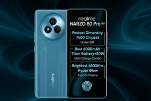 Realme Narzo 80 Pro smartphone with 6.7-inch Amoled Display, Media Tek Dimensity Processor, Android 14, 108MP Ois Triple Rear Camera, 16MP Selfie Camera, 5000mAh Battery, 67W Fast Charging, and 5G Connectivity.