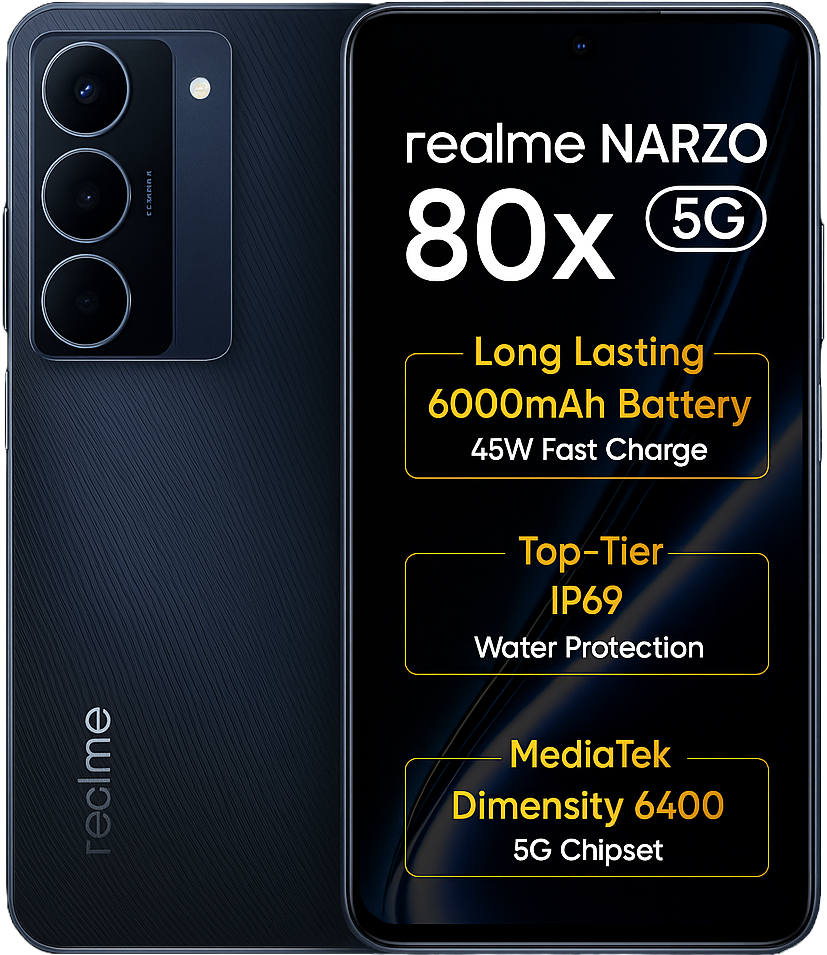Realme Narzo 80x smartphone featuring 6.6- inch FHD + 120Hz display Media Tek dimensity processor Android 14 64MP dual rear camera 16MP front camera 5000mAh battery 33W fast charging and 5G connectivity.
