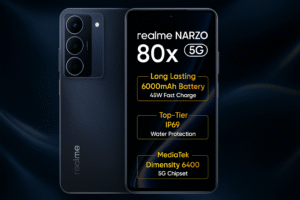 Realme Narzo 80x smartphone featuring 6.6- inch FHD + 120Hz display Media Tek dimensity processor Android 14 64MP dual rear camera 16MP front camera 5000mAh battery 33W fast charging and 5G connectivity.