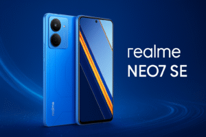 Realme Neo7 SE smartphone with 6.7-inch Amoled display, 120Hz refresh rate, Media Tek Dimensity Processor, android 14, 64MP triple rear Camera, 16MP selfie Camera, 5000mAh Battery, 80W Fast charging, and 5G Connectivity.