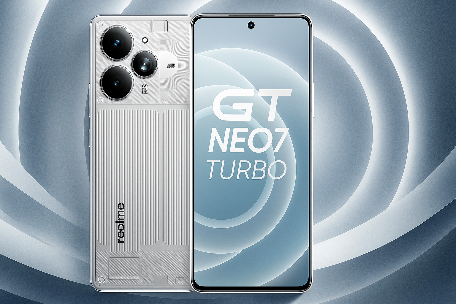 Realme Neo7 Turbo with 6.7- inch AMOLED display Snapdragon 8+ Gen 1 processor Android 14 64MP OIS triple camera 16MP front camera 5000mAh battery 120W fast charging and 5G connectivity.