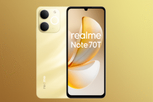 Realme Note 70T with 6.7-inch Amoled display, dimensity processor, android 15 Os, 108MP Ois dual rear camera, 16MP selfie lens, 5000mAh battery, 67W fast charging, and 5G connectivity.