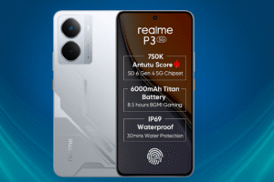 Realme P3 smartphone with 6.6-inch Amoled display, 120Hz refresh rate, Android 14, Media Tek Dimensity processor, 64MP dual rear camera, 16MP selfie camera, 5000mAh battery, 33W Fast Charging, and 5G Connectivity.