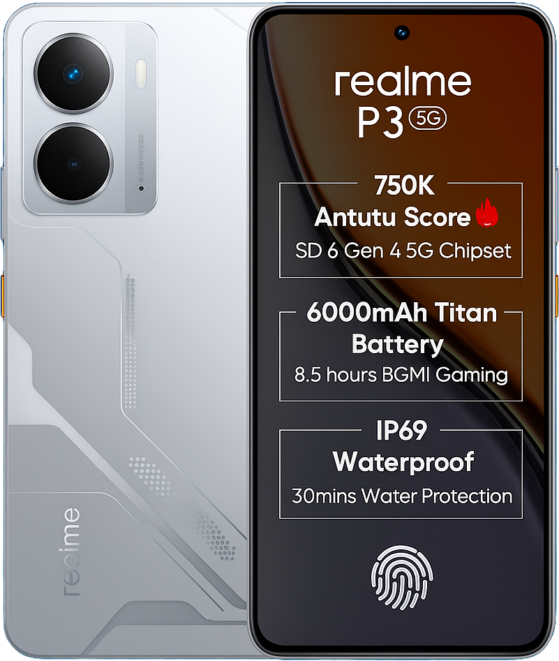 Realme P3 smartphone with 6.6-inch Amoled display, 120Hz refresh rate, Android 14, Media Tek Dimensity processor, 64MP dual rear camera, 16MP selfie camera, 5000mAh battery, 33W Fast Charging, and 5G Connectivity.