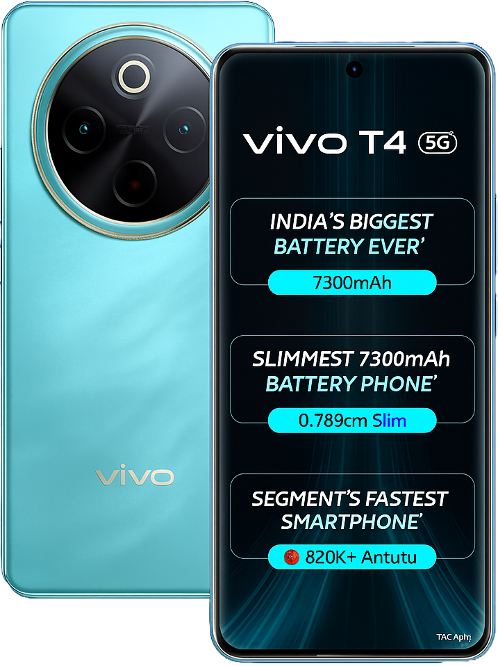 Vivo T4 5G smartphone with 6.6-inch FHD+display, snapdragon processor, Android 14, 50MP dual camera, 8GB RA, 5000mAh Battery and 5G Connectivity.