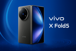 Vivo X Fold5 Foldable smartphone featuring an 8.03-inch Amoled LTPO main display, 6.53-inch cover screen, snapdragon 8 Gene 3 Processor, android 14, 50MP quad Camera, 16MP selfie Camera, 540mAh battery, 100W Fast charging, and 5G Connectivity.