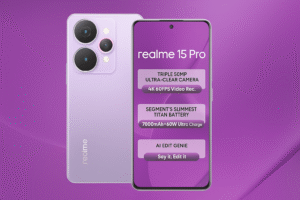 Realme 15 Pro smartphone featuring 6.7-inch Amoled Display, snapdragon processor, Android 15, 64MP Ois Triple Rear Camera, 32MP Selfie Camera, 5000mAh Battery, 67W Fast Charging and 5G Connectivity.