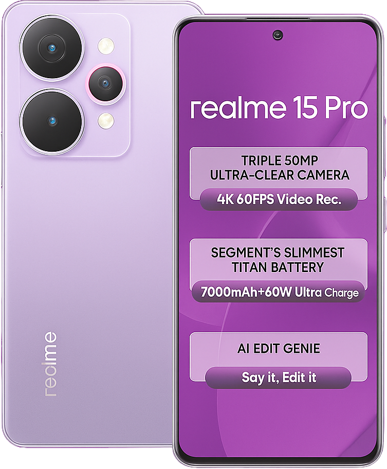 Realme 15 Pro smartphone featuring 6.7-inch Amoled Display, snapdragon processor, Android 15, 64MP Ois Triple Rear Camera, 32MP Selfie Camera, 5000mAh Battery, 67W Fast Charging and 5G Connectivity.