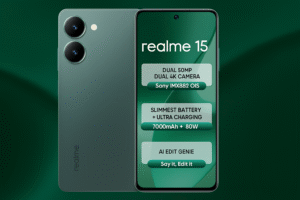 Realme 15 smarphone with 6.6-inch Amoled display, media tek Processor, android 15, 108MP Dual Rear Camera, 16MP selfie camera, 5000mAh battery, 33W Fast charging, and smooth 5G Connectivity.