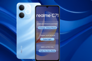 Realme C71 smartphone with a 6.6- inch HD+ display Unisoc, Snapdragon processor Android 14 OS 50MP dual rear camera 8MP selfie camera 5000mAh battery with 33W fast charging and smooth 4G/5G connectivity.