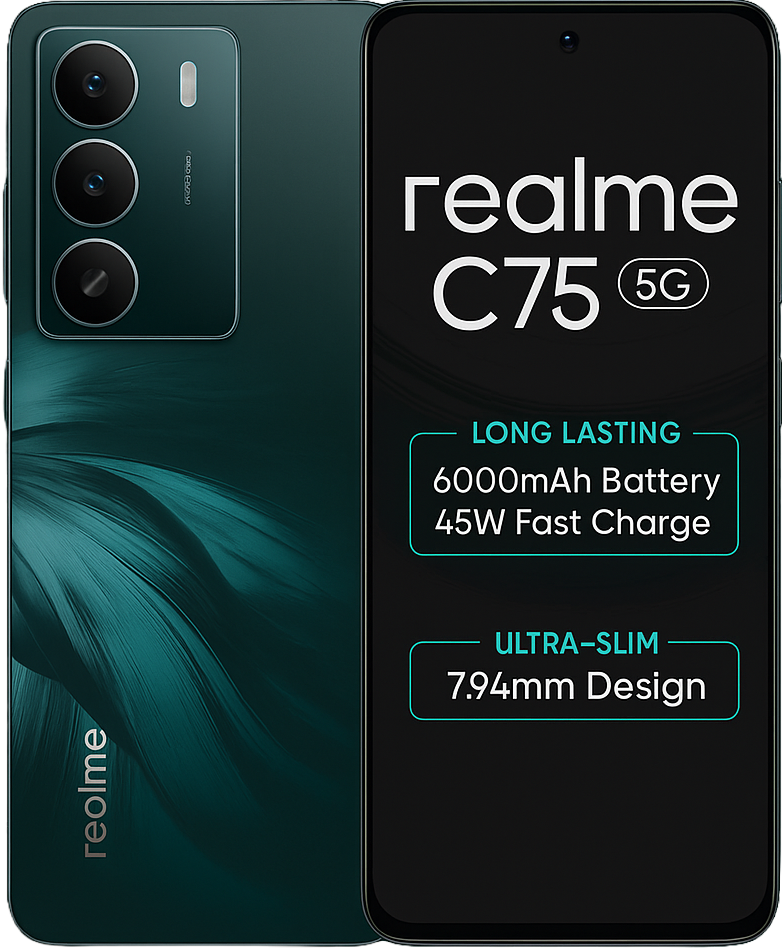 Realme C75 smartphone with 6.7-inch FHD+display, snapdragon 680 Processor, android 14, 50MP AI Dual Rear Camera, 16MP selfie Camera, 5000mAh battery, 33W Fast Charging, and 4G Connectivity.