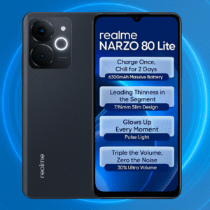 Realme NarZo 80 Lite Smartphone with 6.6-inch FHD+ Display, media tek Dimensity processor, android 14, 50MP AI Dual Camera, 16MP Selfie Camera, 5000mAh Battery, Fast Charging, and 5G Connectivity.