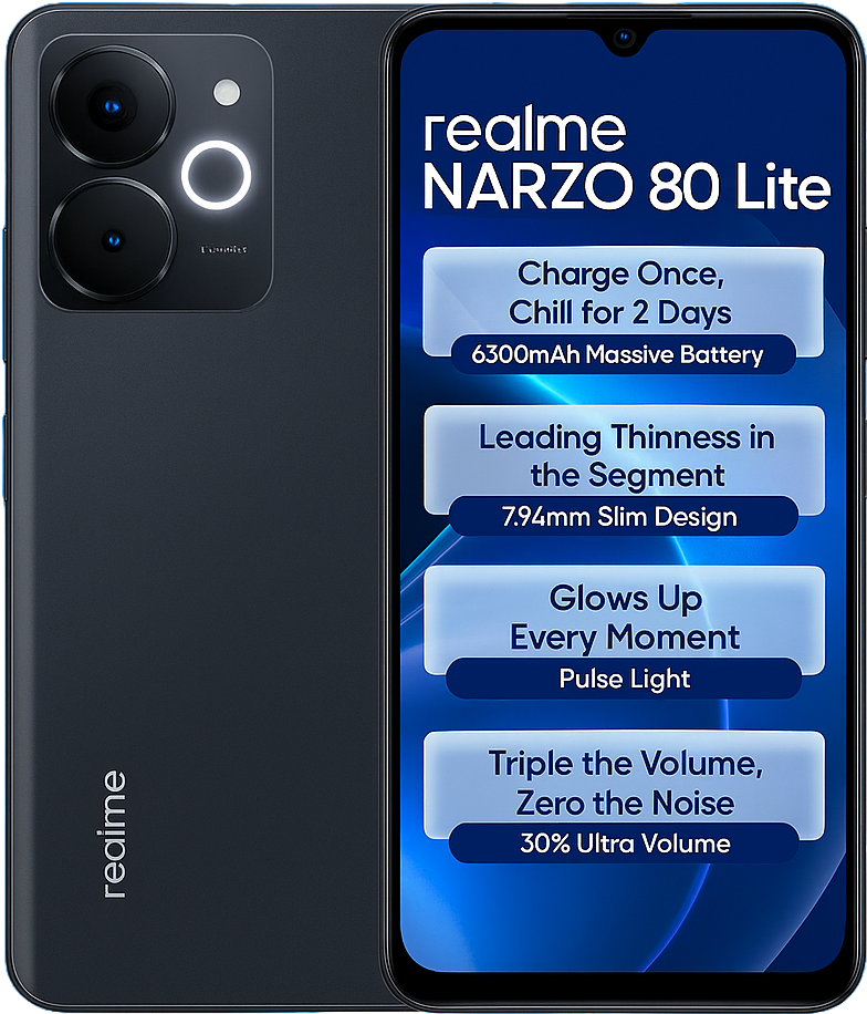 Realme NarZo 80 Lite Smartphone with 6.6-inch FHD+ Display, media tek Dimensity processor, android 14, 50MP AI Dual Camera, 16MP Selfie Camera, 5000mAh Battery, Fast Charging, and 5G Connectivity.