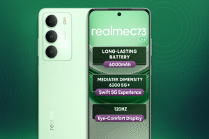 Realme C73 smartphone featuring a 6.6-inch FHD+ display Snapdragon processor Android 14 OS 108MP main camera 8MP front camera 5000mAh battery with 33W fast charging and reliable 4G/5G connectivity.