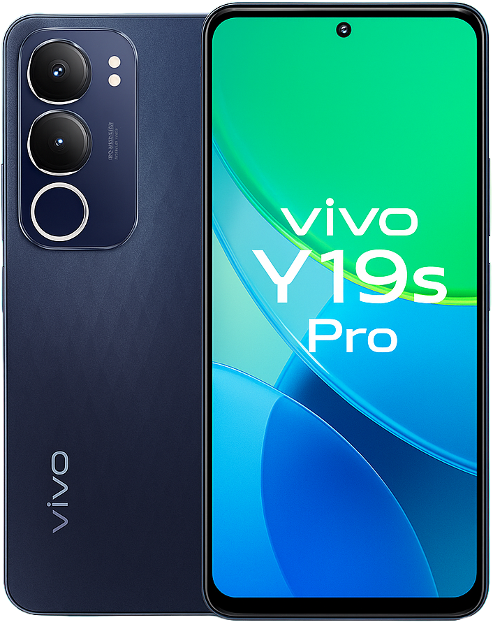 Vivo Y19s Pro smartphone with 6.6-inch FHD+display, media tek helio G99 Processor, Android 14, 64MP dual Camera, 8GB RAM, 5000mAh battery and 4G connectivity.