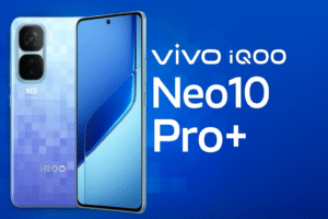 Vivo iQOO Neo 10 Pro+ with 6.78-inch Amoled display, snapdragon 8 Gene Processor, android 14, 50MP Ois Triple camera, 12GB Ram, 5000mAh Battery and 120W fast Charging 5G Smartphone.
