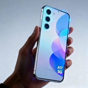 Samsung Galaxy A17 5G review specifications smartphone with slim design and glowing AMOLED display.