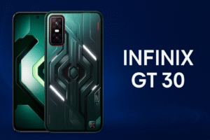 Infinix GT 30 smartphone features a 6.78-inch AMOLED FHD+ display, MediaTek Dimensity engine, Android 14, 108MP triple rear cameras, 5000mAh battery, rapid charging, and 5G connection.
