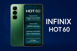 Infinix Hot 60 smartphone features a 6.6-inch HD+ display, MediaTek processor, Android 13, 50MP dual rear cameras, 5000mAh battery, and 4G connectivity.