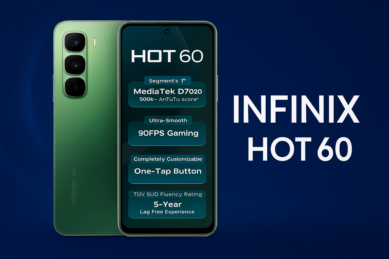 Infinix Hot 60 smartphone features a 6.6-inch HD+ display, MediaTek processor, Android 13, 50MP dual rear cameras, 5000mAh battery, and 4G connectivity.