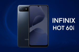 The Infinix Hot 60i smartphone features a 6.6-inch HD+ display, Unisoc engine, Android 13, 50MP dual back cameras, 5000mAh battery, and 4G connectivity.