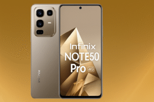 Infinix Note 50 Pro 4G smartphone featuring a 6.8-inch FHD+Amoled display, 120Hz refresh rate, Media Tek Helio Processor, Android 14, 108MP Triple Rear Cameran 32MP selfie Camera, 5000mAh battery, and 33W fast charging.