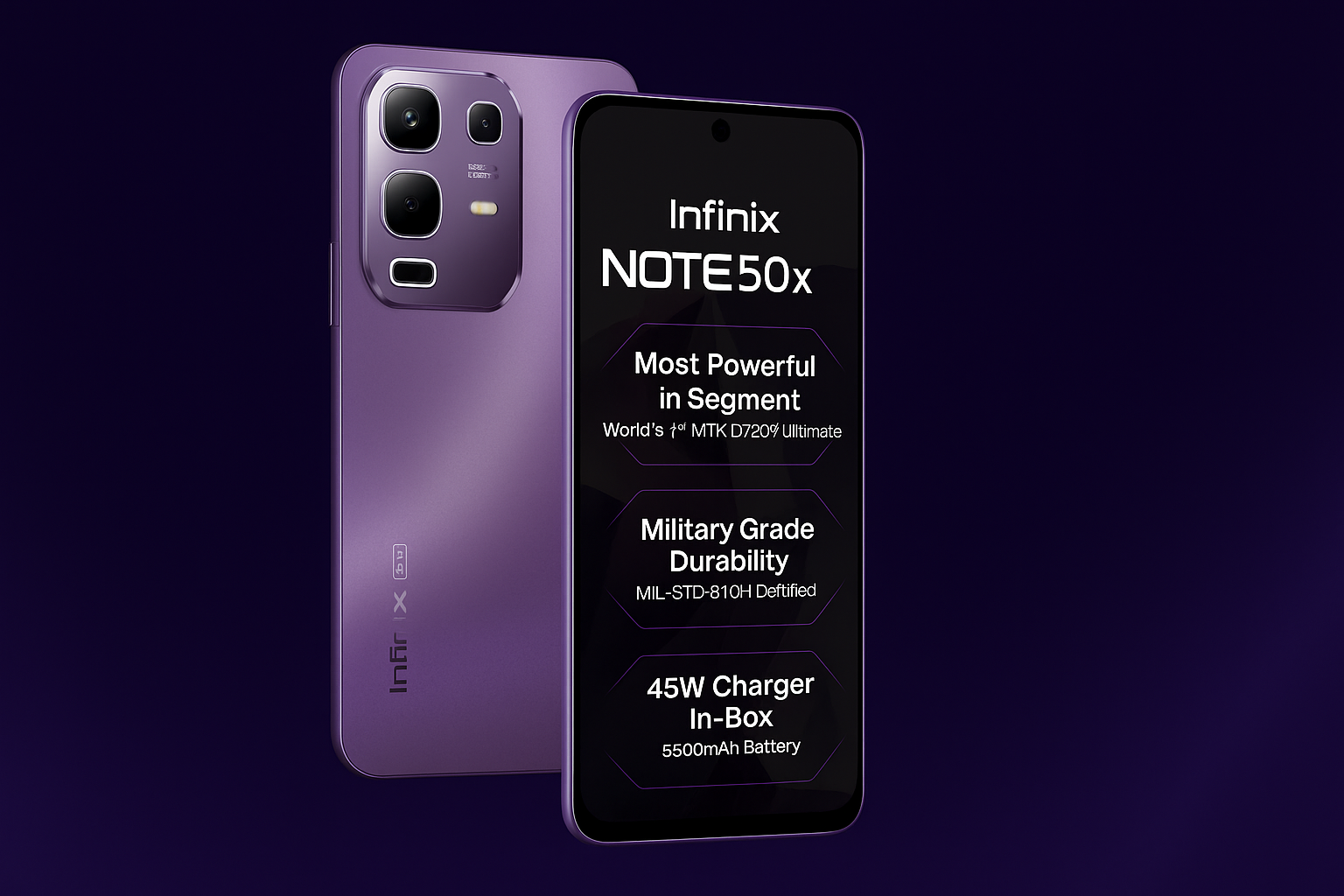 The 6.8-inch FHD+ screen, powerful MediaTek processor, Android 14 OS, 108MP triple camera configuration, 5000mAh battery with rapid charging, and seamless 5G connectivity are all features of the Infinix Note 50x smartphone.