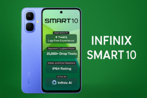 The 6.6-inch HD+ screen, Unisoc engine, Android 13, 13MP rear camera, 5000mAh battery, and 4G connectivity are all features of the Infinix Smart 10 smartphone.