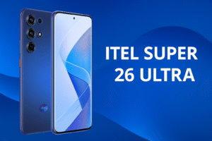 Itel Super 26 Ultra smartphone with 6.8-inch HD+ display, Unisoc processor, Android 14, dual 50MP rear cameras, 6000mAh battery, fast charging, and 4G connectivity.
