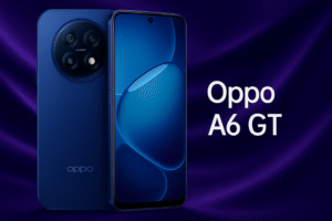 Oppo A6 GT smartphone with 6.6-inch AMOLED 120Hz display, Snapdragon processor, Android 15, 8GB RAM, 256GB storage, 64MP triple camera, 16MP selfie camera, 5500mAh battery with 67W fast charging, and slim 5G design.