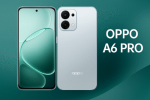 Oppo A6 Pro smartphone with 6.7-inch AMOLED 120Hz display, Snapdragon processor, Android 15, 12GB RAM, 256GB storage, 108MP OIS dual rear camera, 32MP selfie camera, 6000mAh battery with 80W fast charging, and premium 5G design.