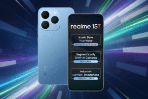 Realme 15T smartphone with 6.7-inch AMOLED display, MediaTek Dimensity processor, Android 15, 64MP triple rear cameras, 5000mAh battery, 67W fast charging, and 5G connectivity.