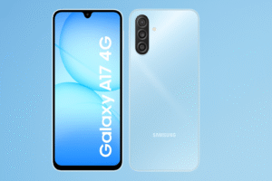 Samsung Galaxy A17 4G smartphone with 6.6-inch Super AMOLED display, Android 15, MediaTek Helio G99 processor, 8GB RAM, 128GB/256GB storage, 50MP dual rear camera, 13MP selfie camera, 5000mAh battery with 25W fast charging, and sleek slim design.