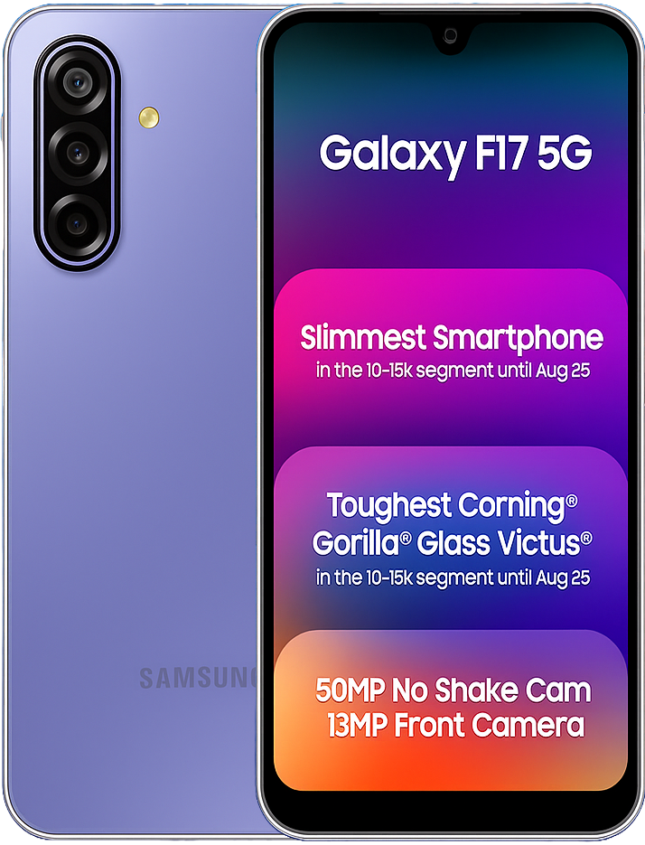 Samsung Galaxy F17 smartphone with 6.5-inch Super AMOLED display, Android 15, Exynos processor, 6GB/8GB RAM, 128GB storage, 64MP quad rear camera, 16MP selfie camera, 5000mAh battery with 25W fast charging, and slim stylish design.